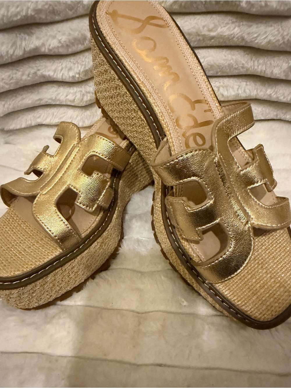 Sam Edelman Metallic Gold Leather Woven Slide Sandals - Picture 3 of 6